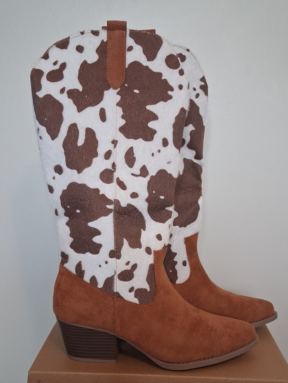 Cowhide Print Western Boots in Brown and White